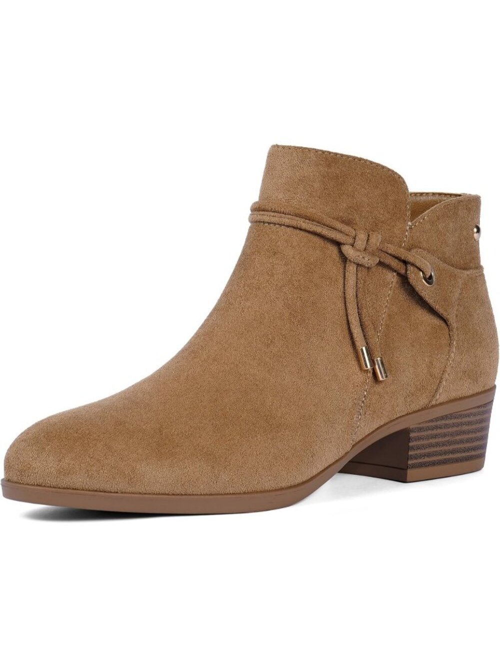 Women's Camel Faux Suede Round Toe Low Heel Side Zipper Dress Ankle Booties